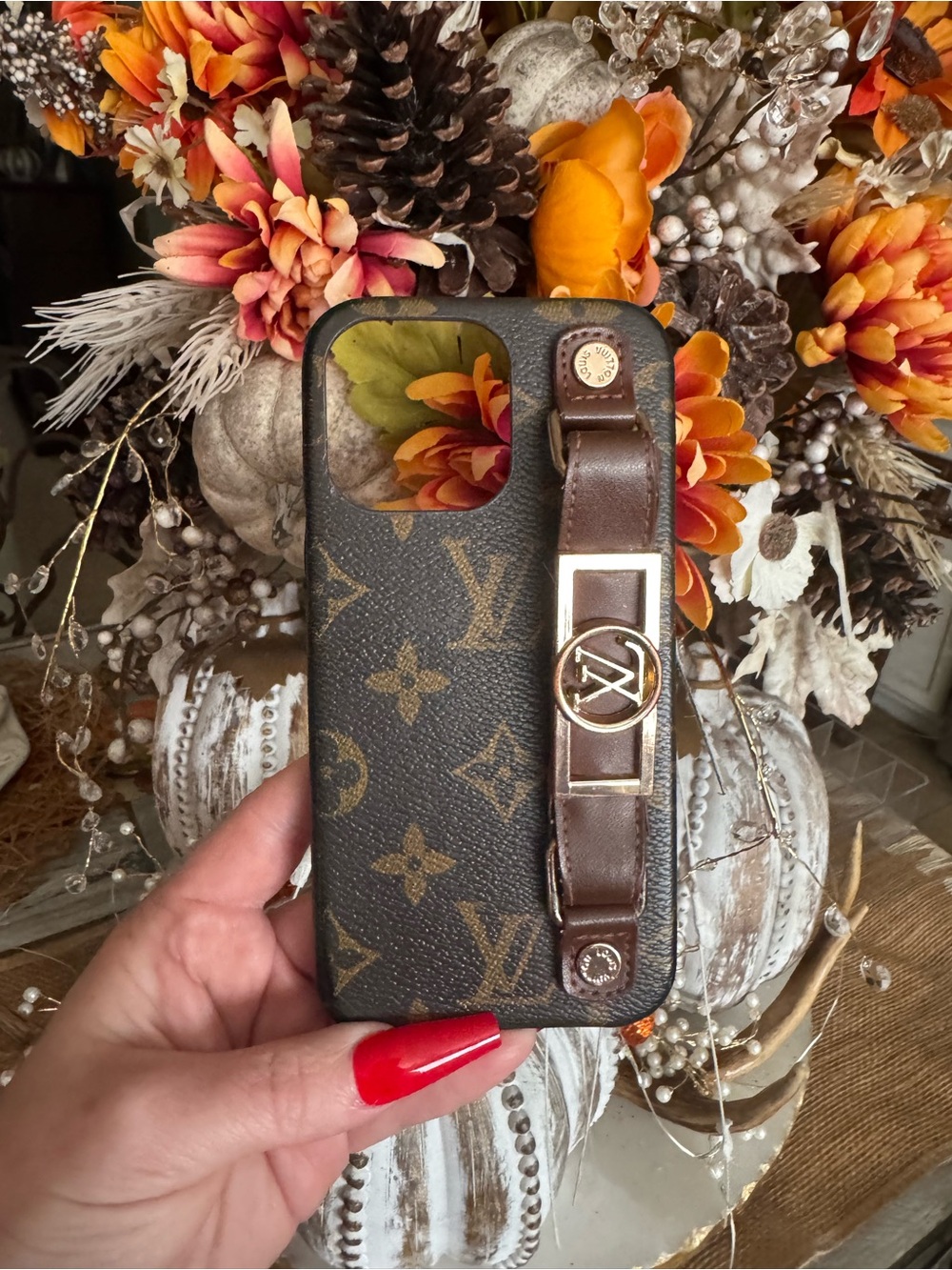 Louis Vuitton Brown Monogram Leather Phone Case with Strap fitsIPhone 14 Pro Max